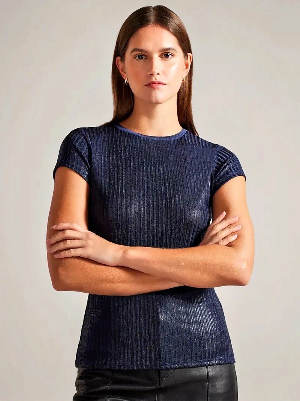 Ted Baker Katrino Navy Metallic Ribbed Fitted Top Textured Short Sleeve Top in